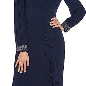 Adrianna Papell midnight blue embroidered bead long sleeve gown jersey dress 22W